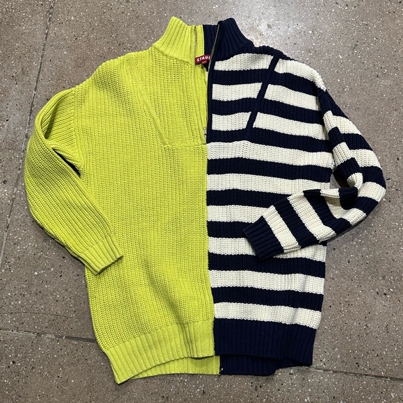 Staud Hampton Sweater Quarter Zip Lime Navy White Stripe - Picture 2 of 5